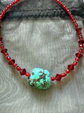 Turquoise Heart Pendant Necklace with Red Crystal Beads